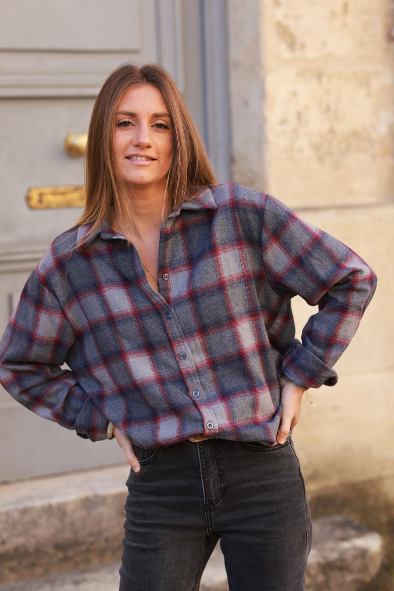 Grey and Red Plaid Button-Down Shirt