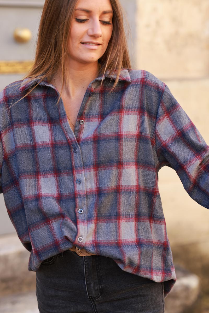 Grey and Red Plaid Button-Down Shirt