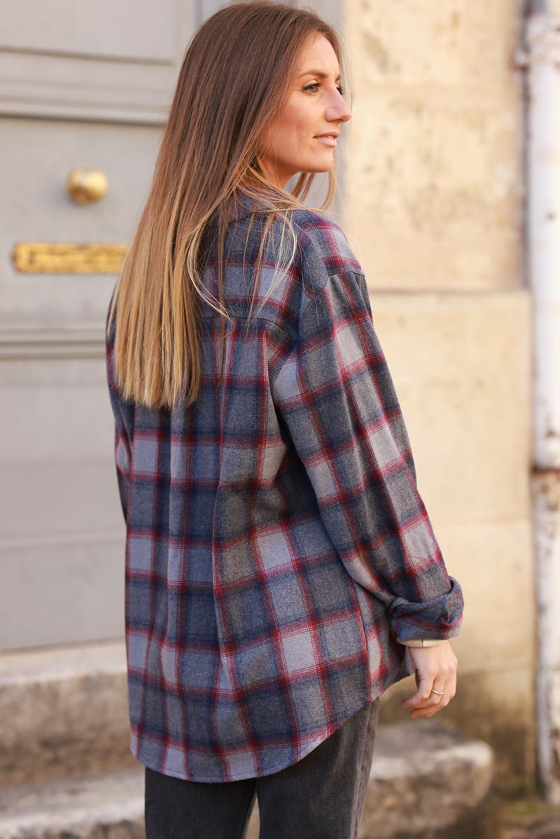 Grey and Red Plaid Button-Down Shirt