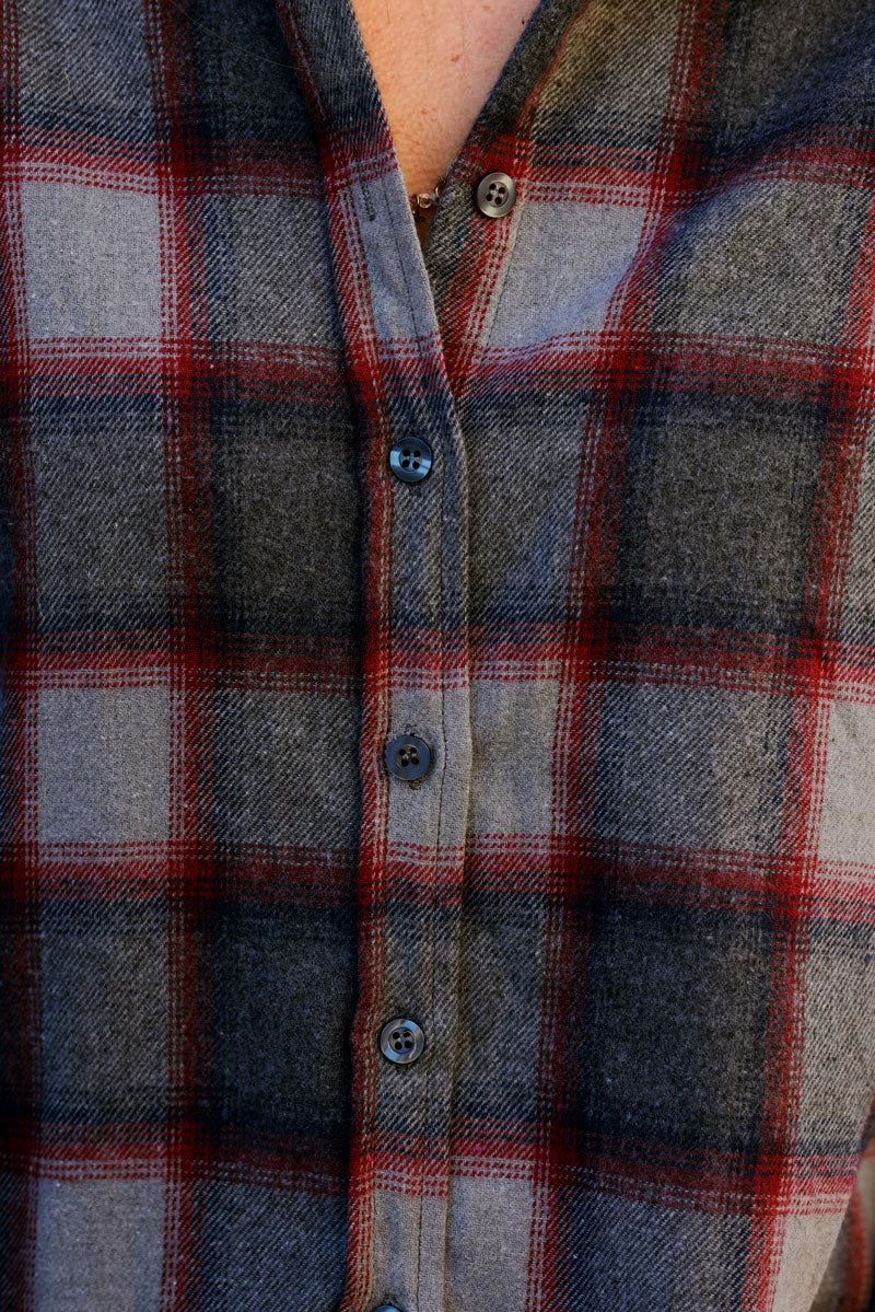 Gray and Red Plaid Button-Down Shirt