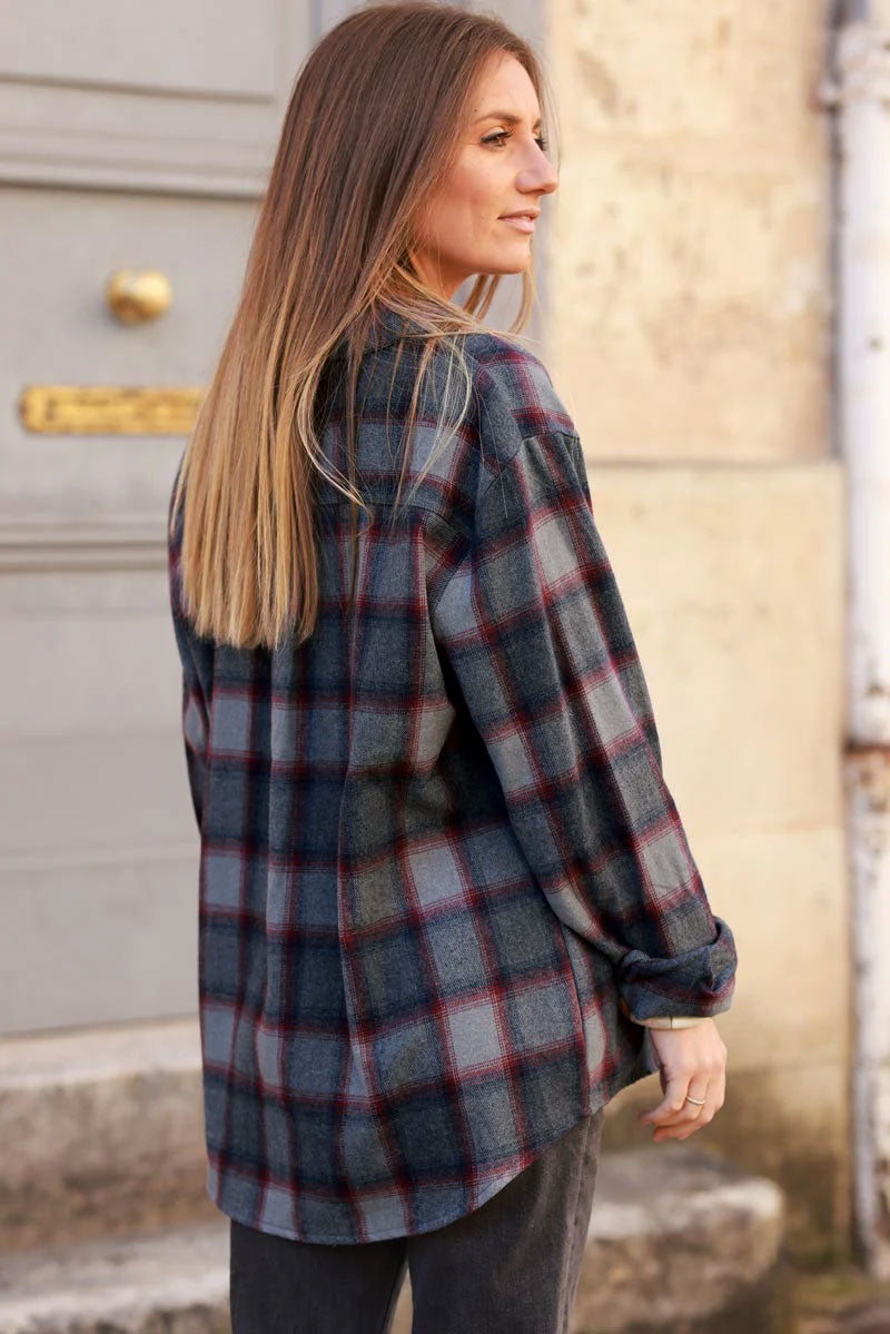 Gray and Red Plaid Button-Down Shirt