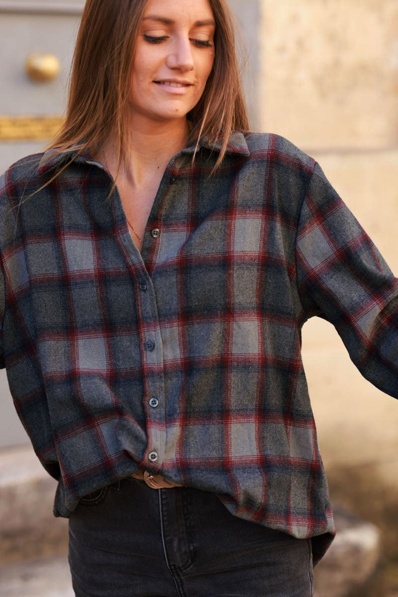 Gray and Red Plaid Button-Down Shirt