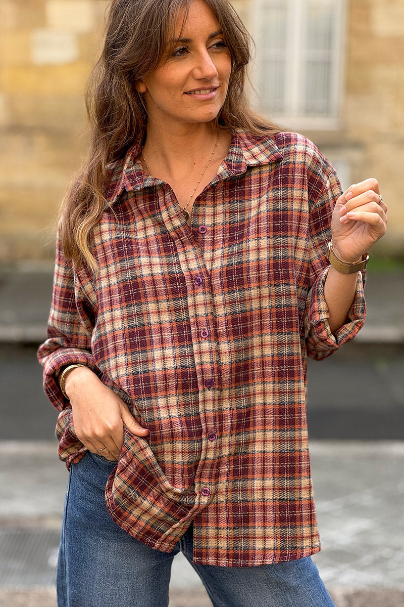 Burgundy Plaid Button-Down Blouse