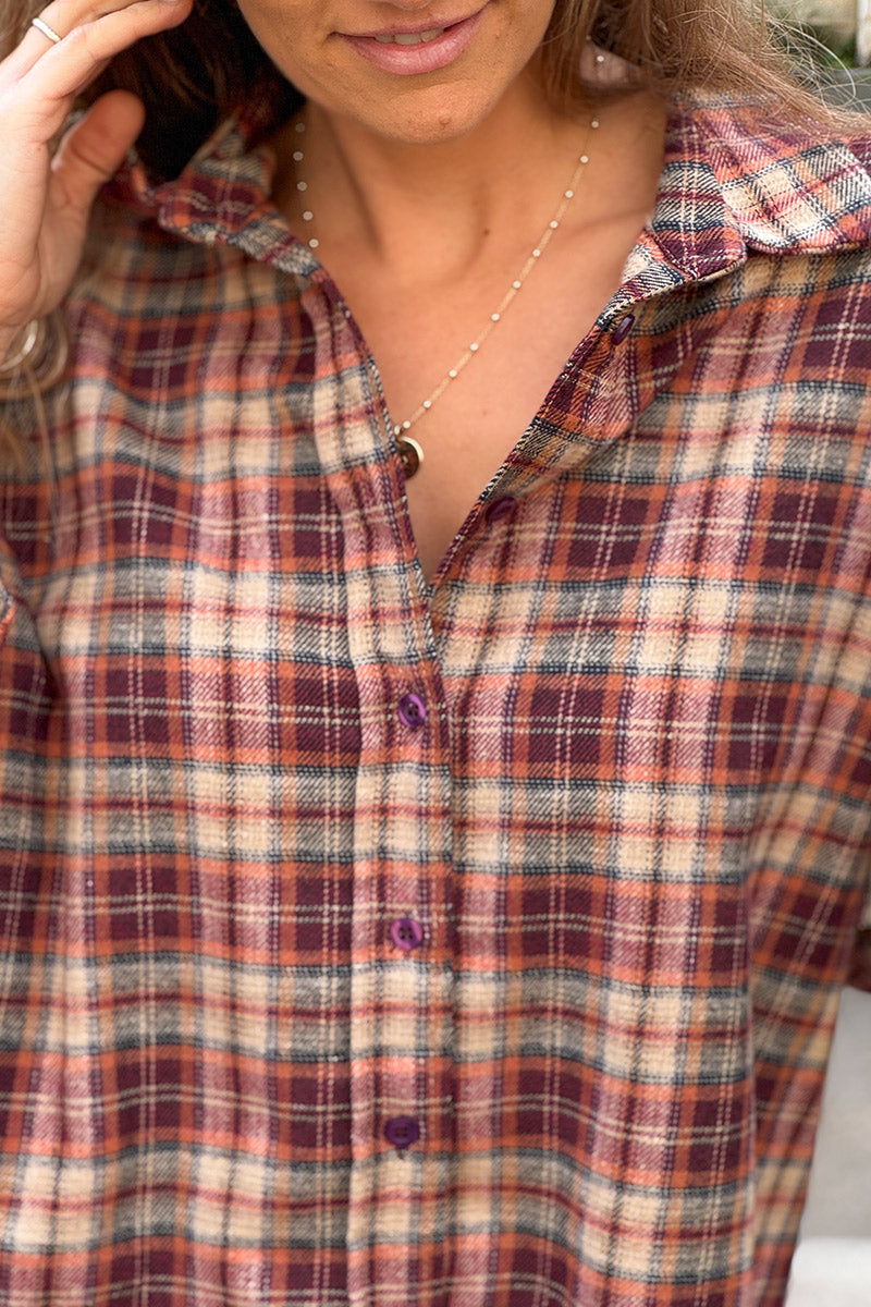 Burgundy Plaid Button-Down Blouse