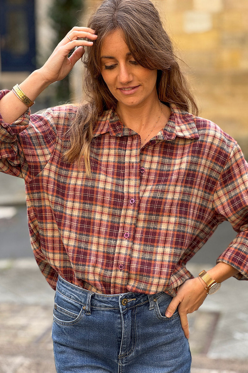 Burgundy Plaid Button-Down Blouse