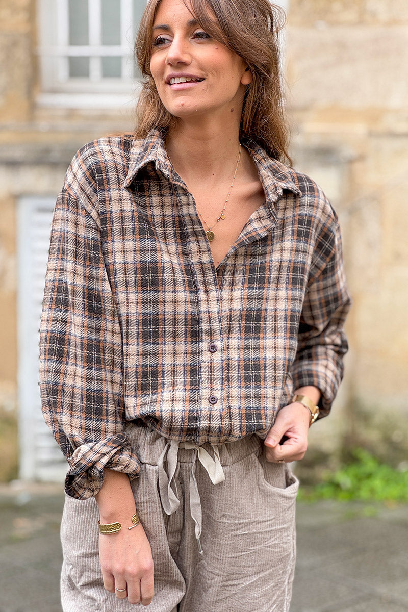 Brown Plaid Button-Down Blouse
