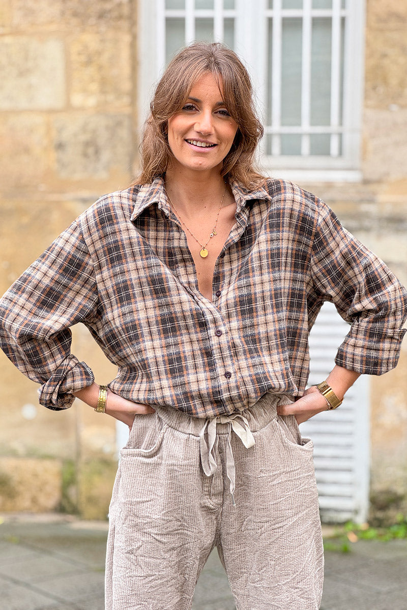 Brown Plaid Button-Down Blouse