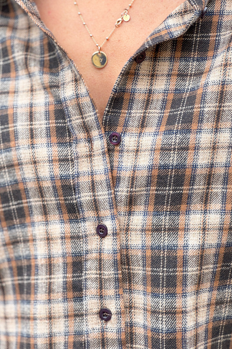 Brown Plaid Button-Down Blouse