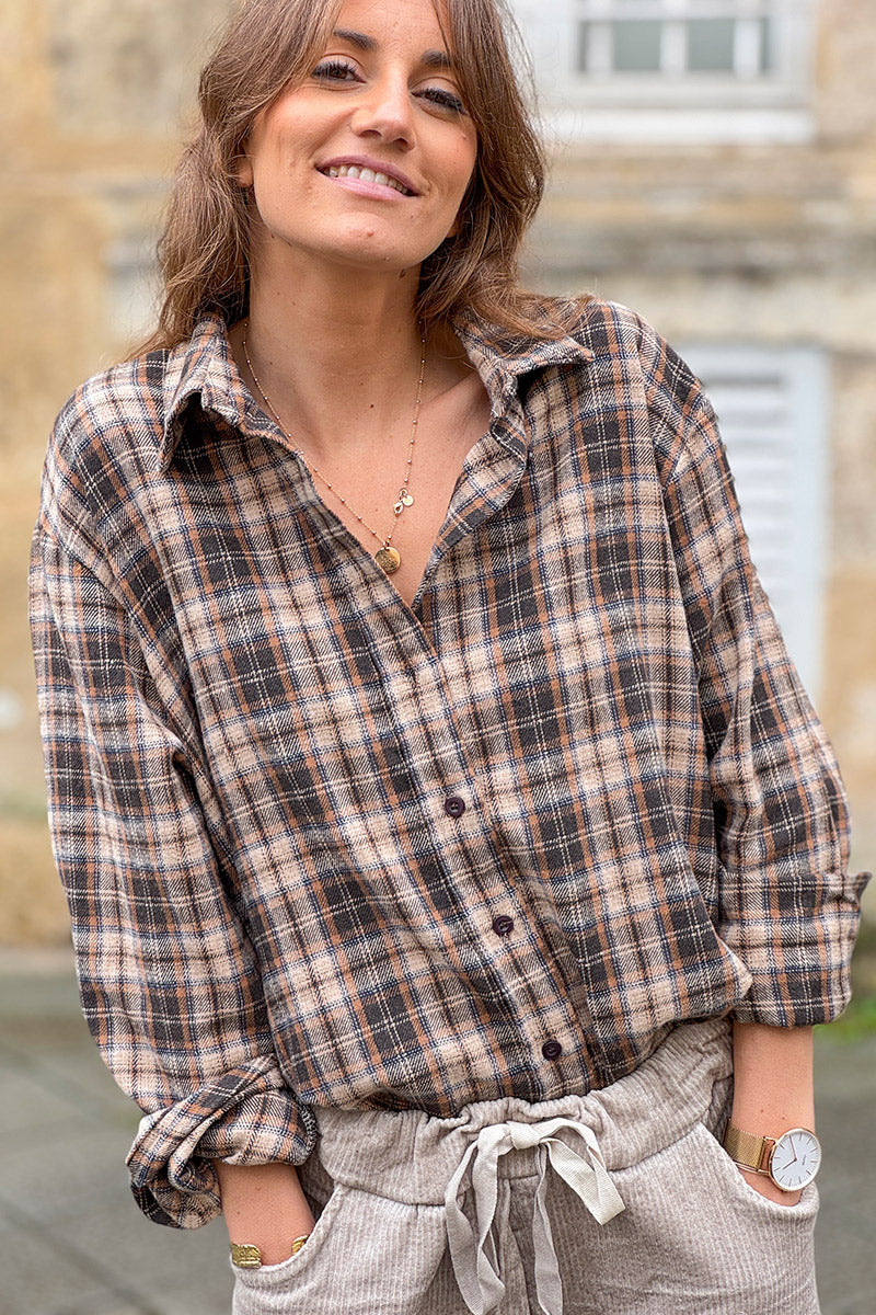 Brown Plaid Button-Down Blouse