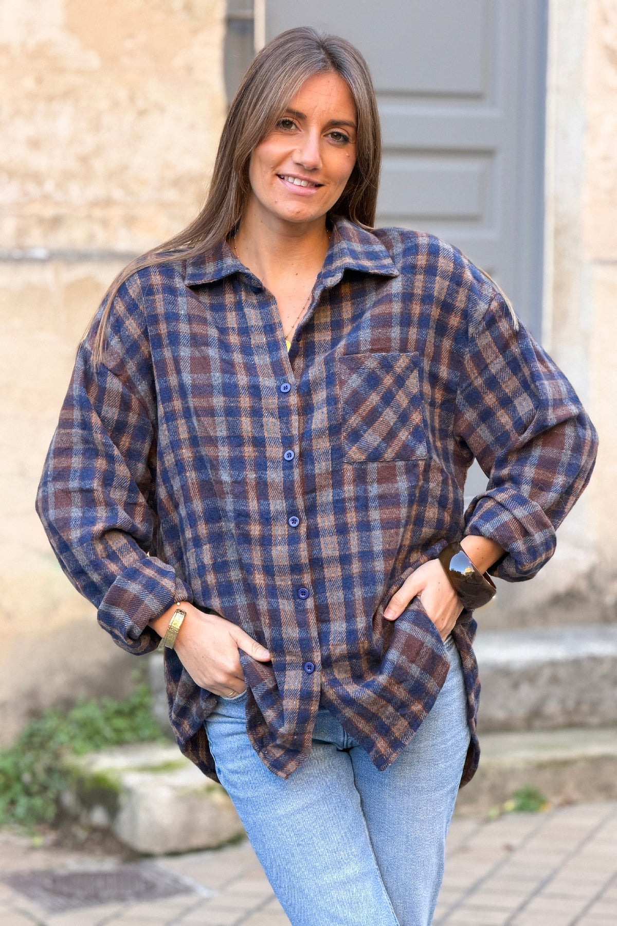 Navy Plaid Boyfriend Button-Down
