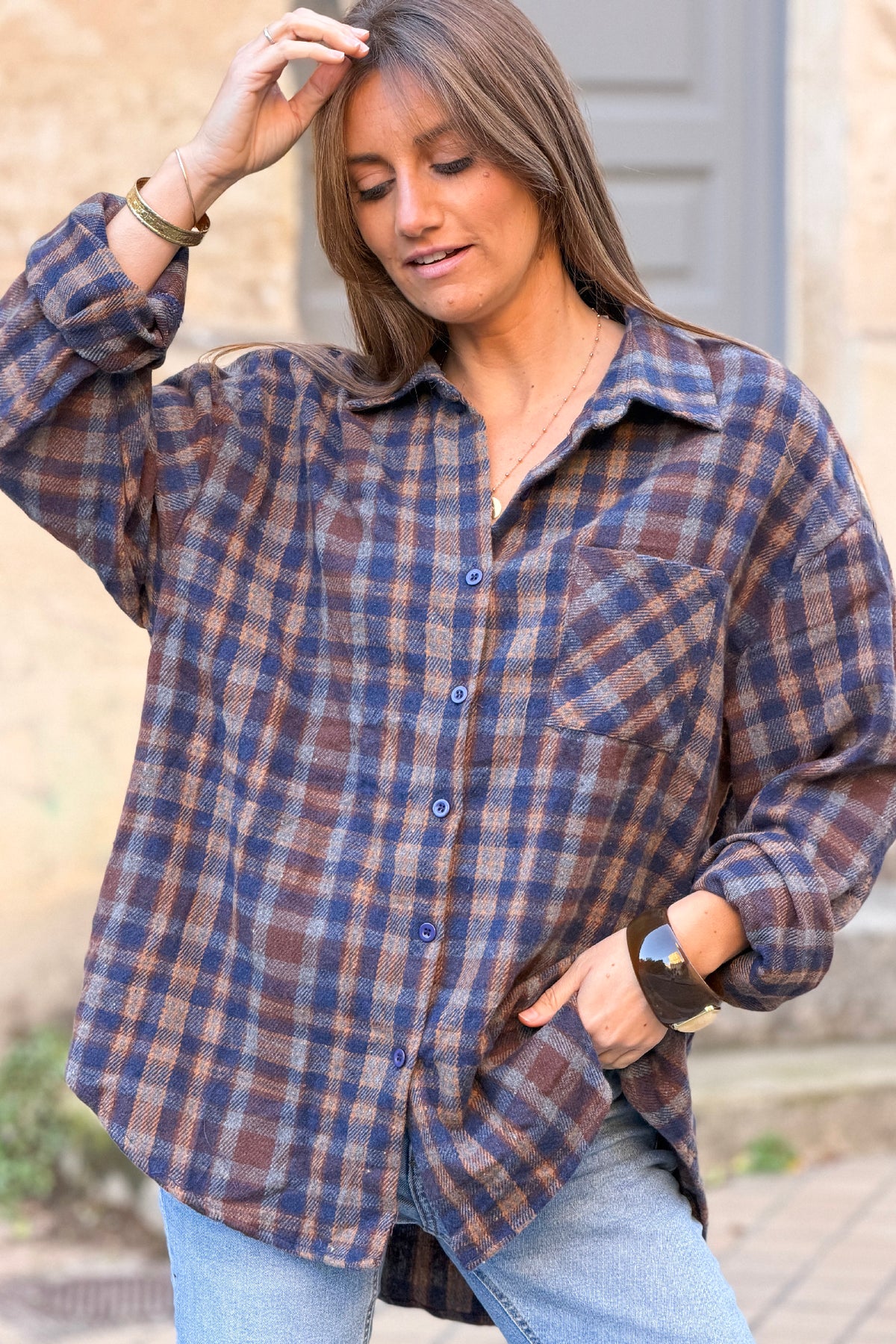 Navy Plaid Boyfriend Button-Down
