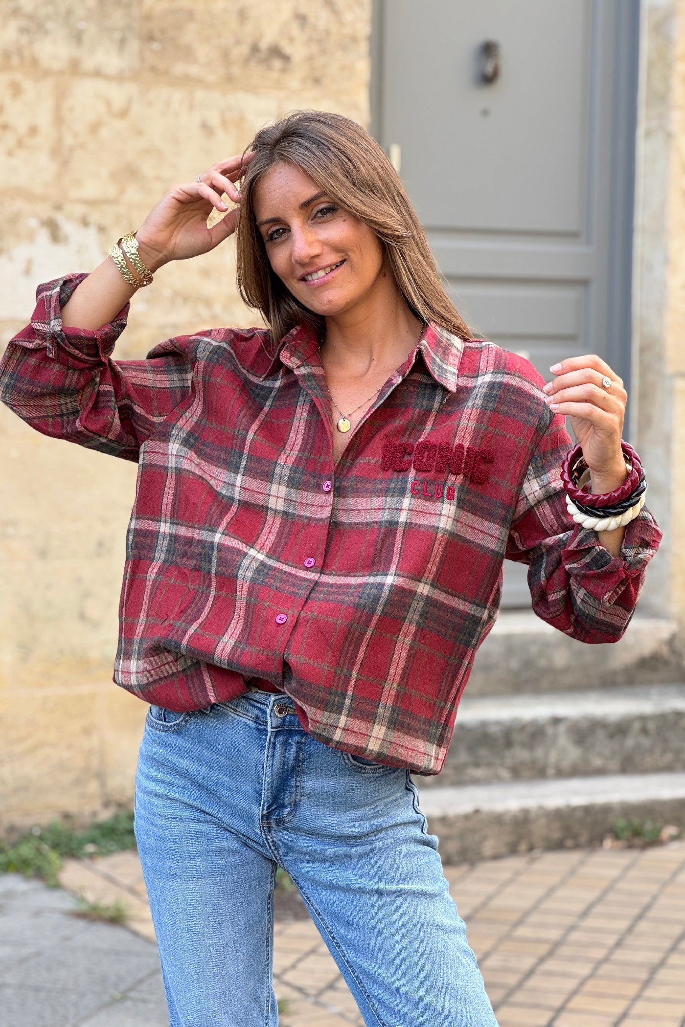 Chemise en flannelle à carreaux rouge bordeaux broderie iconic club