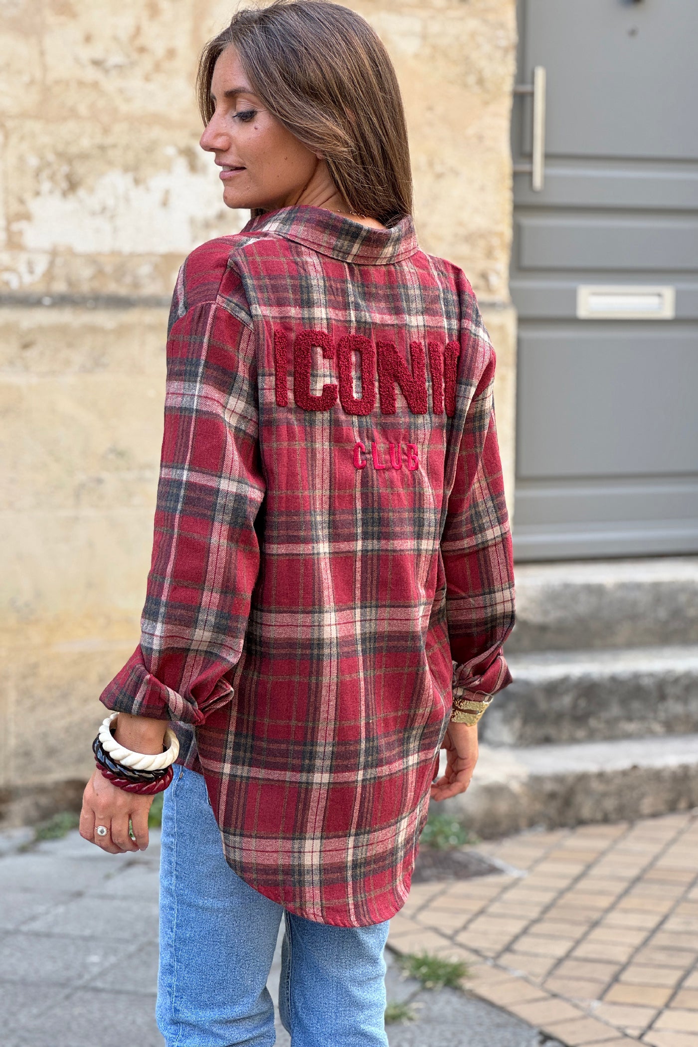 Chemise en flannelle à carreaux rouge bordeaux broderie iconic club