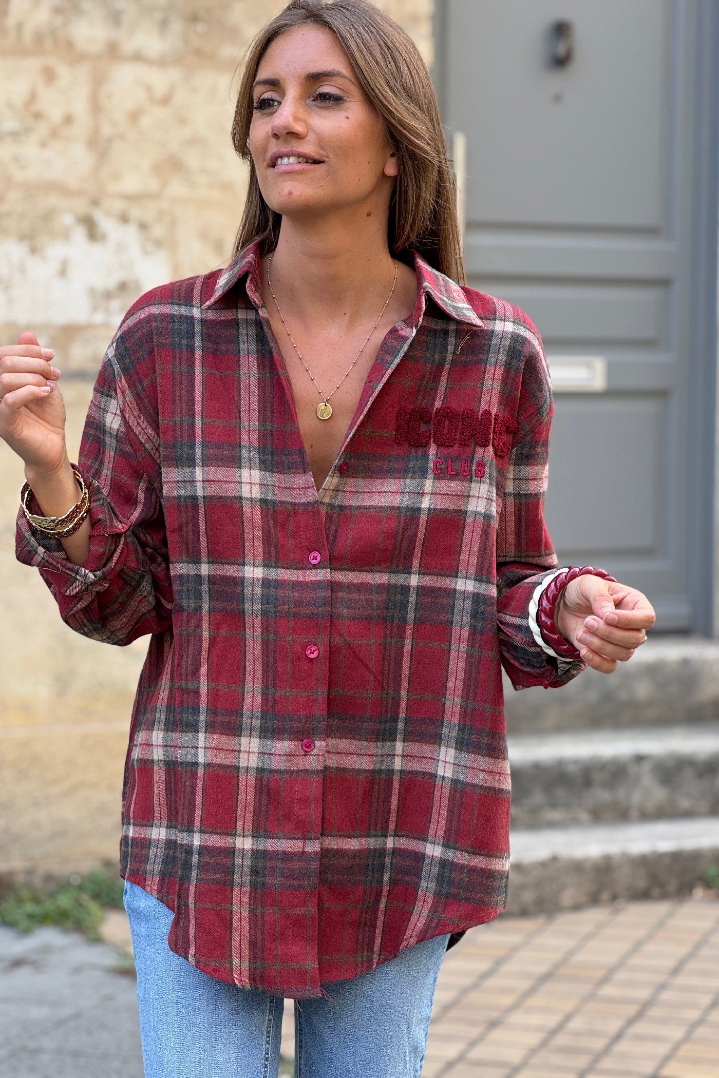 Chemise en flannelle à carreaux rouge bordeaux broderie iconic club