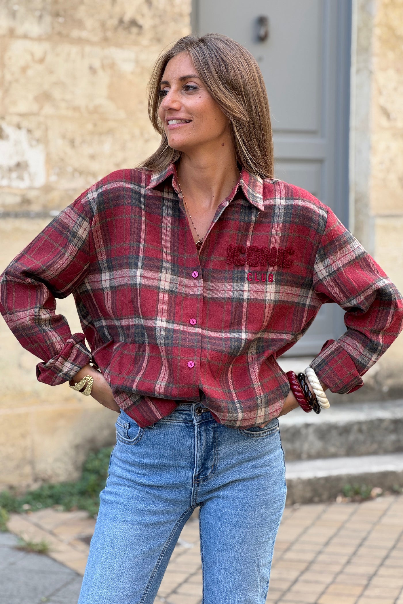 Chemise en flannelle à carreaux rouge bordeaux broderie iconic club