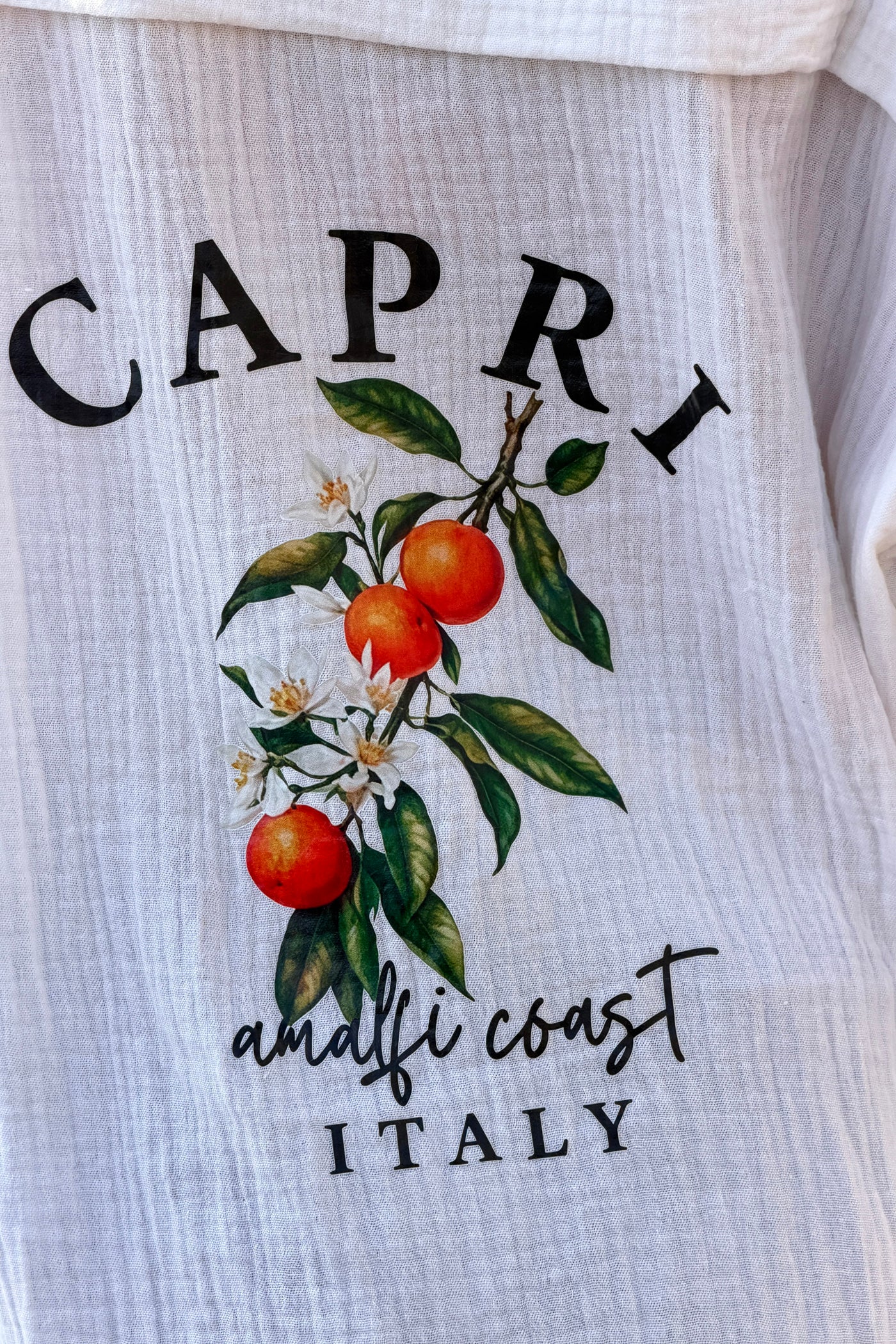 Chemise en gaze de coton blanc cassé dos imprimé Capri Amalfi Coast Italy oranges