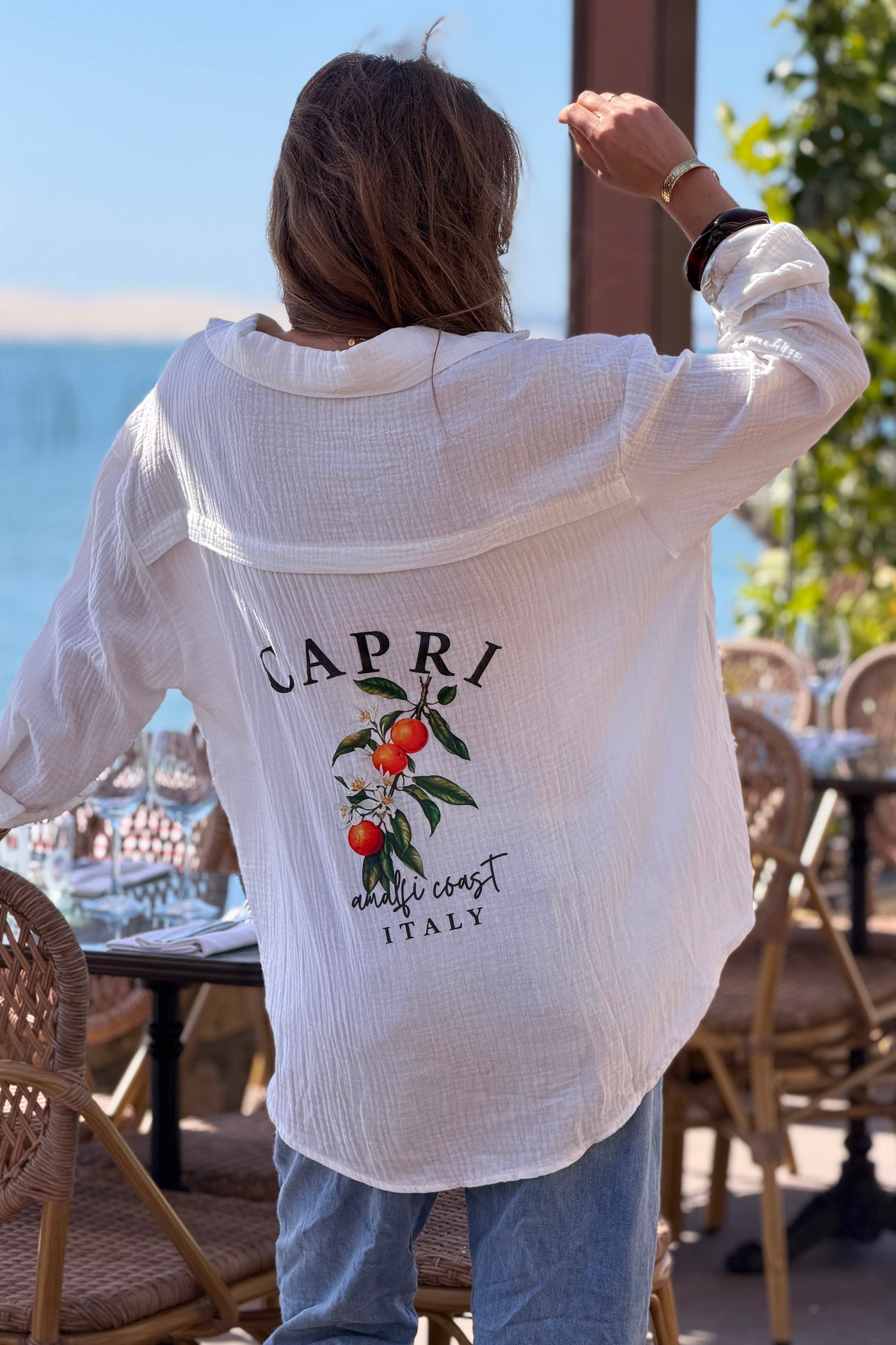 Chemise en gaze de coton blanc cassé dos imprimé Capri Amalfi Coast Italy oranges
