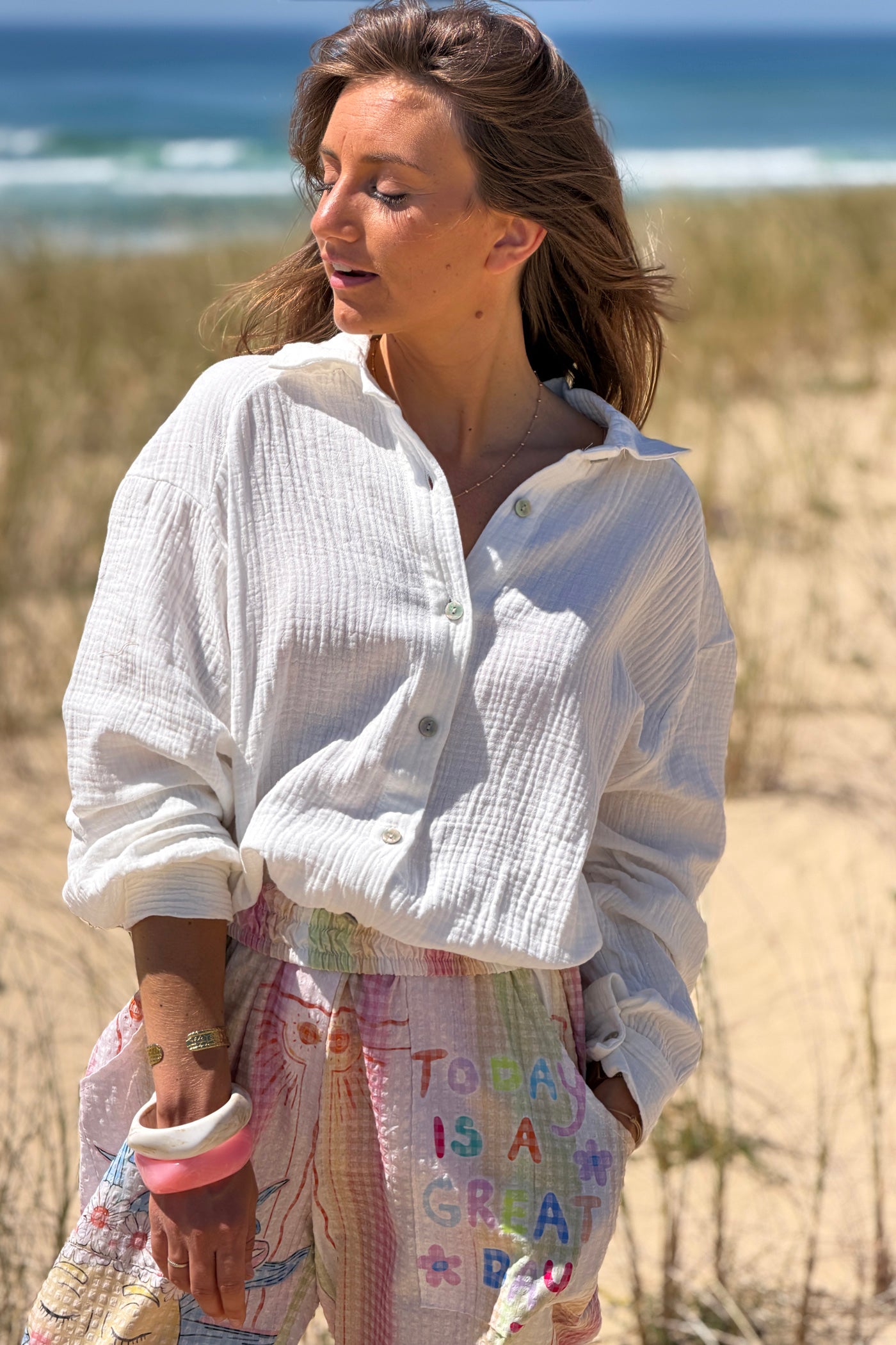 Chemise en gaze de coton blanc cassé dos imprimé rayures rose citrons fresh