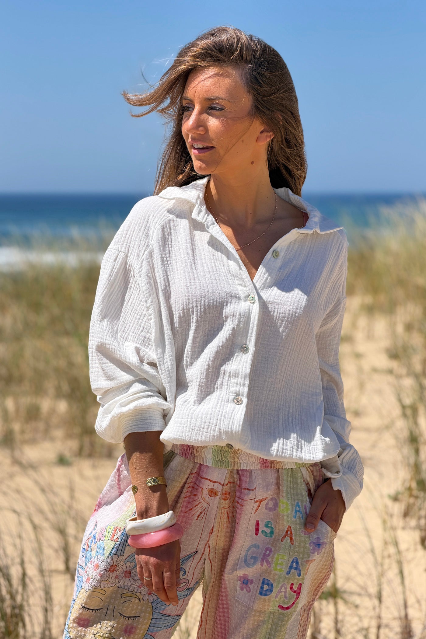 Chemise en gaze de coton blanc cassé dos imprimé rayures rose citrons fresh