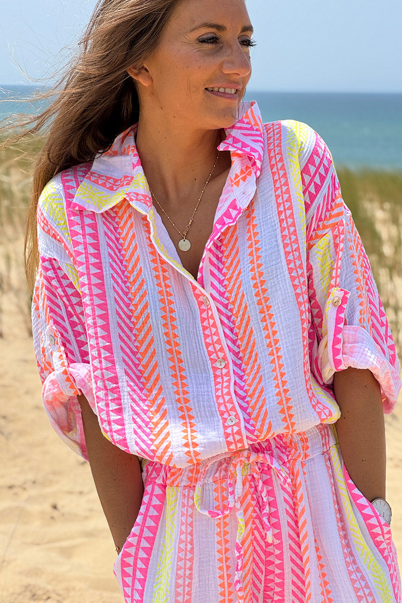 White Gauze Neon Stripe Button-Down Blouse
