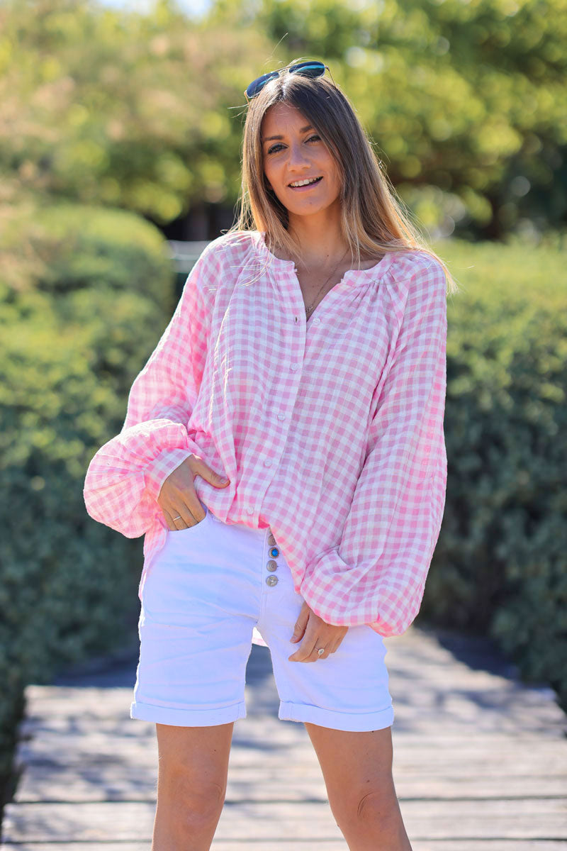 Cotton gauze shirt with pink vichy print