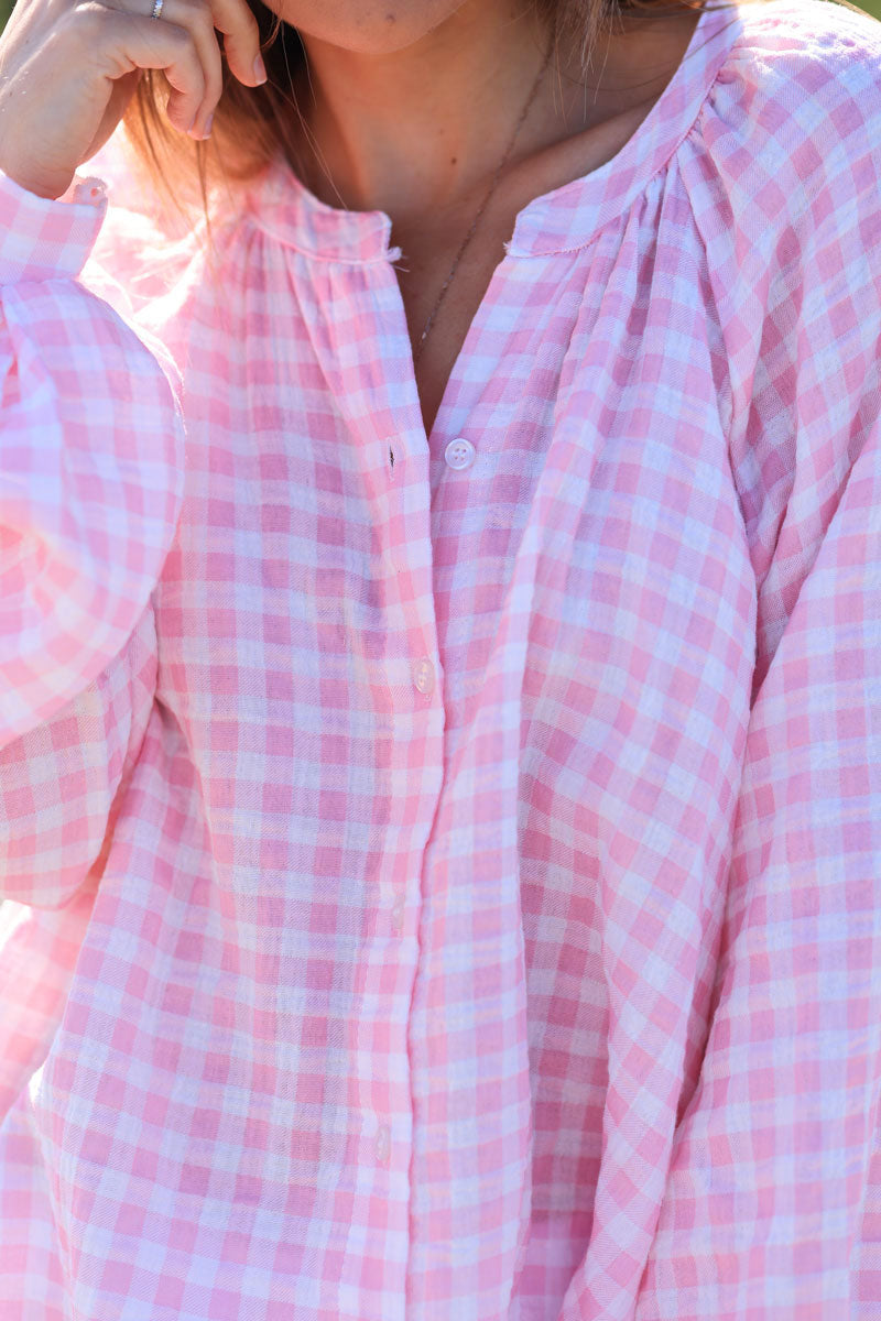 Cotton gauze shirt with pink vichy print
