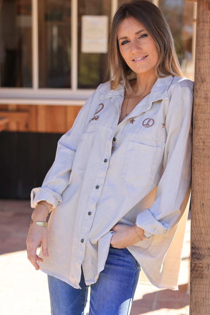 Denim shirt in beige with peace and love sequin embroidery