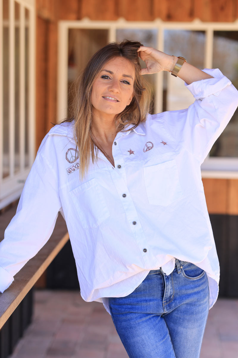Denim shirt in white with peace and love sequin embroidery