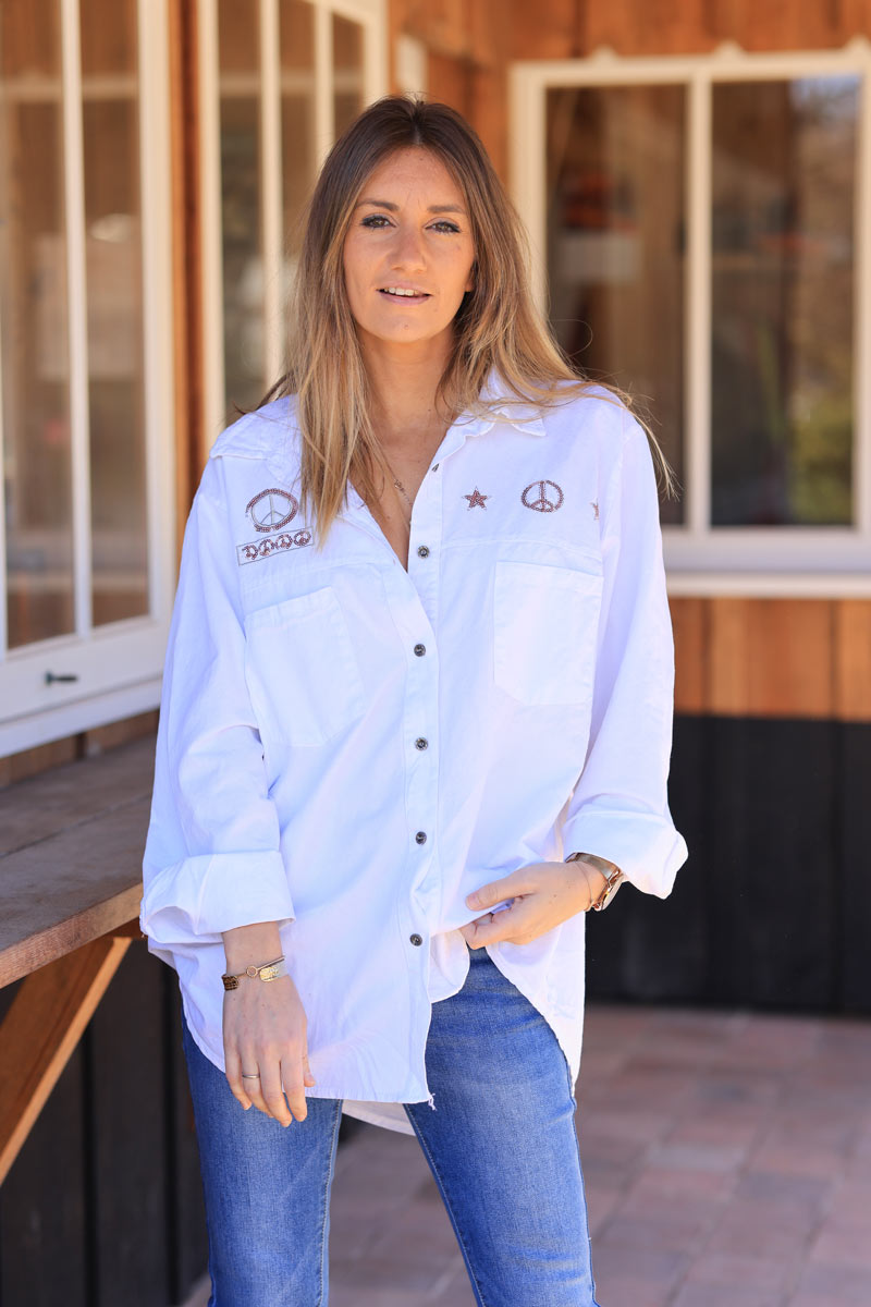 Denim shirt in white with peace and love sequin embroidery