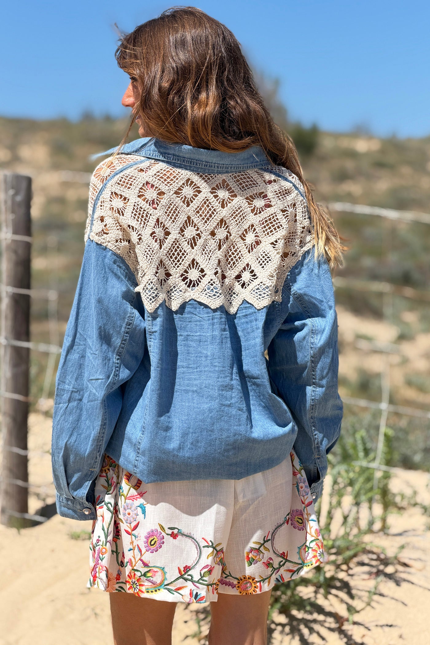 Cream Crochet Dreams Denim Blouse