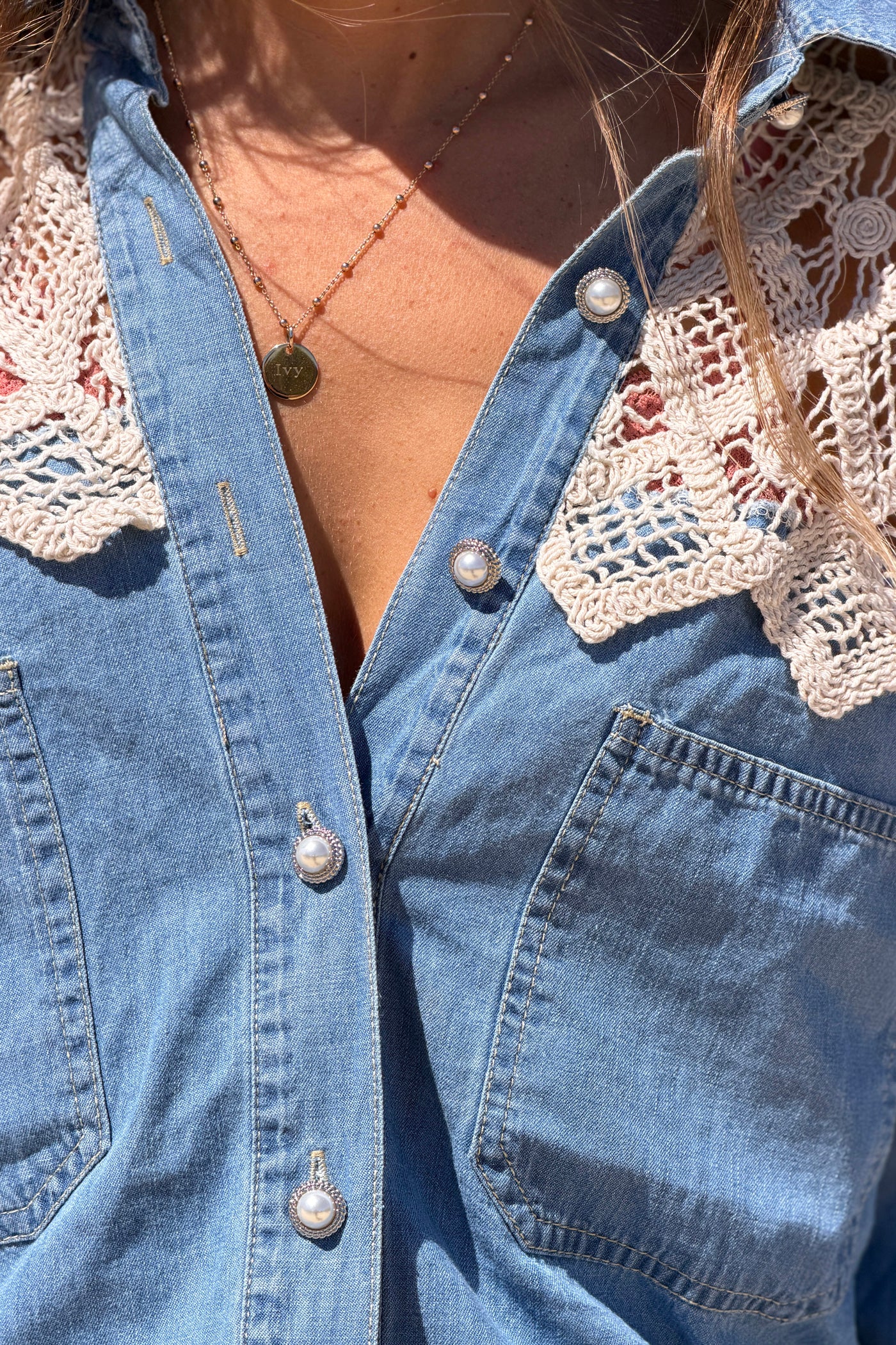 Cream Crochet Dreams Denim Blouse