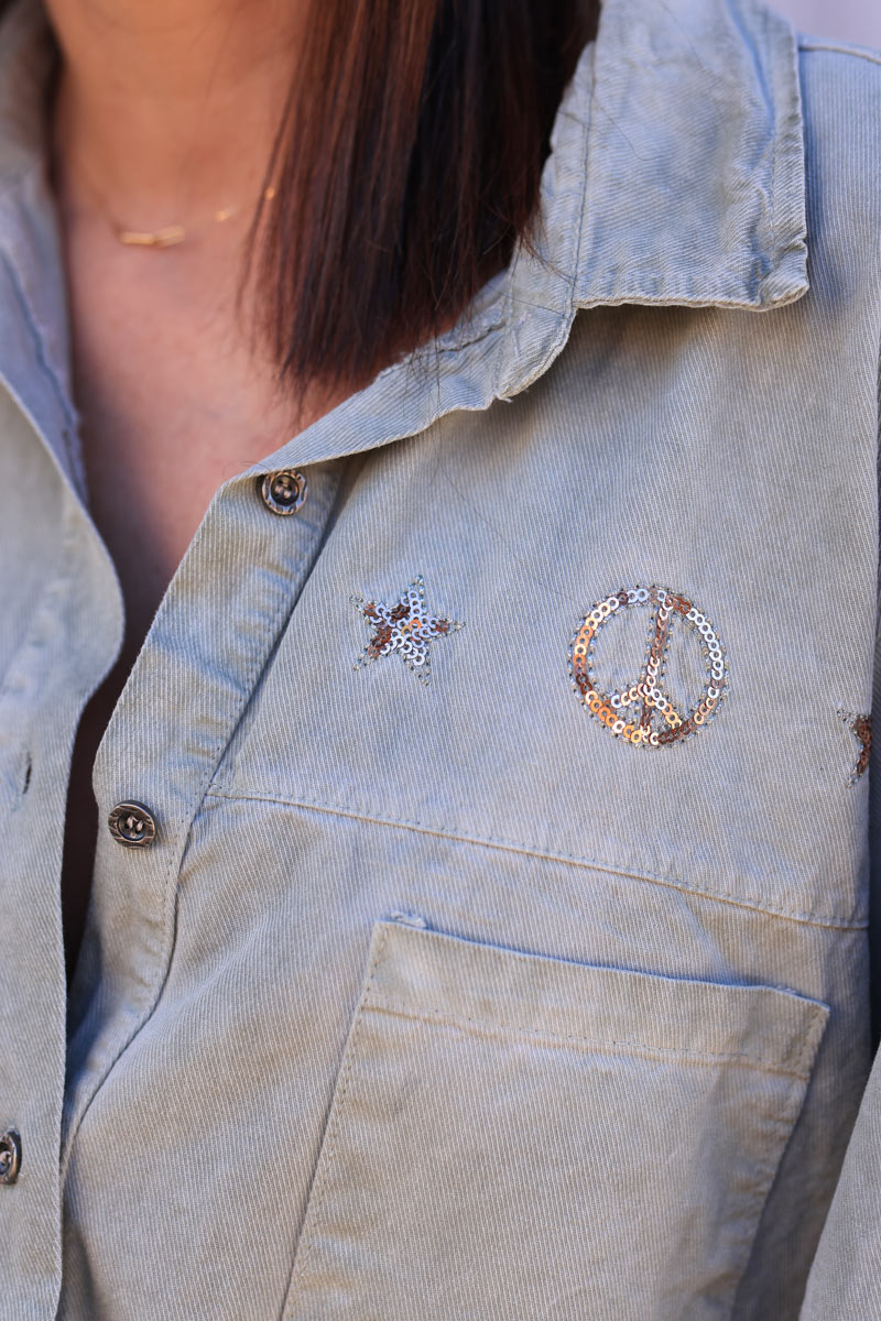 Denim shirt in khaki with peace and love sequin embroidery