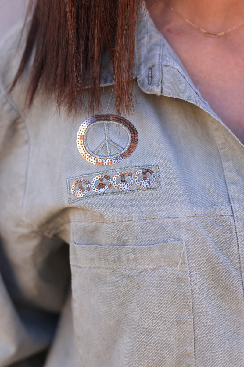 Denim shirt in khaki with peace and love sequin embroidery