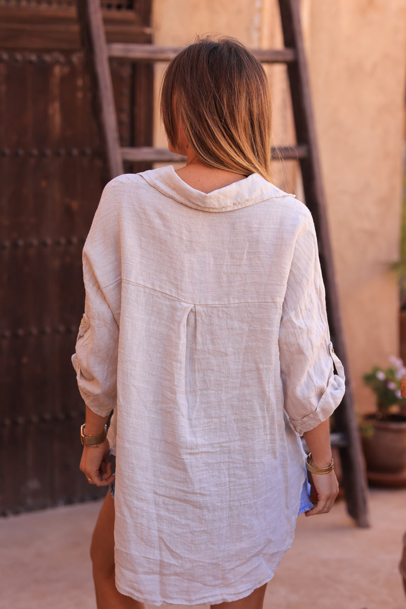 Beige 3/4 length sleeve longline linen shirt
