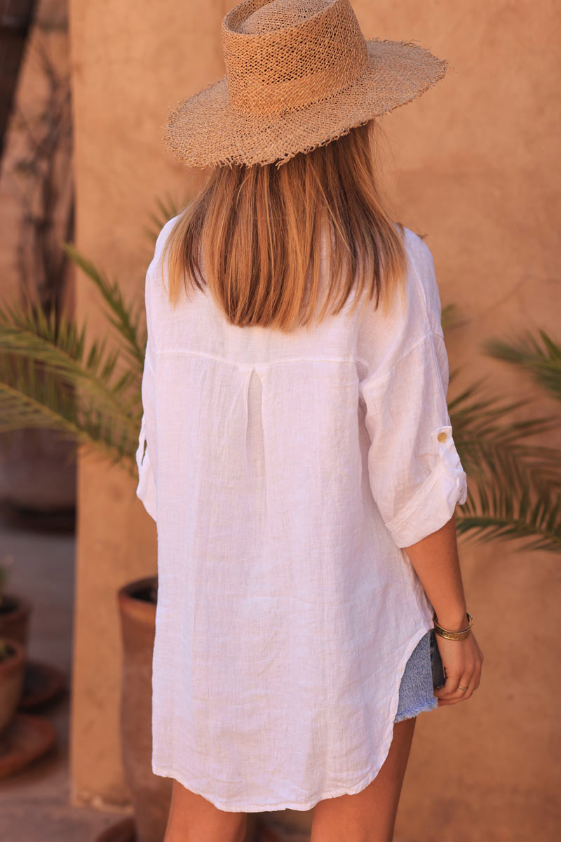 White 3/4 length sleeve longline linen shirt