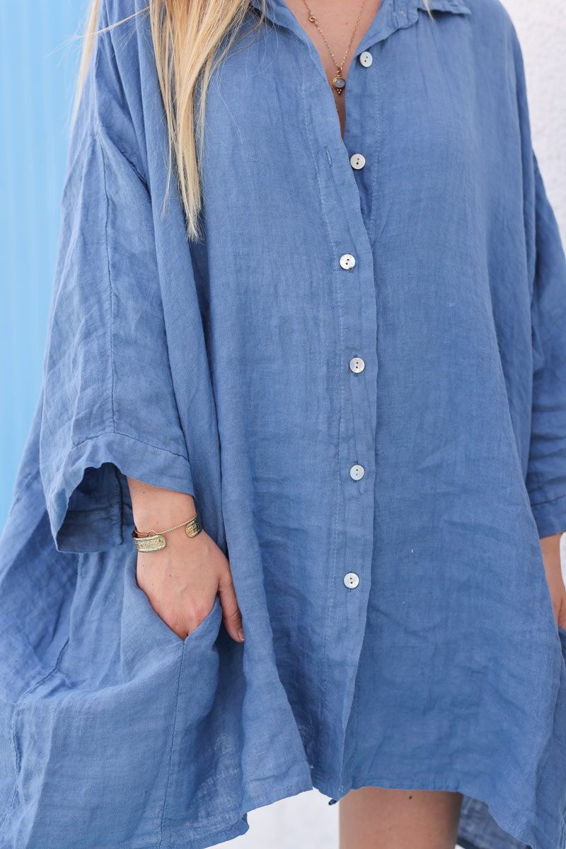 Chemise en lin bleu jean loose et large avec poches h188 (1)