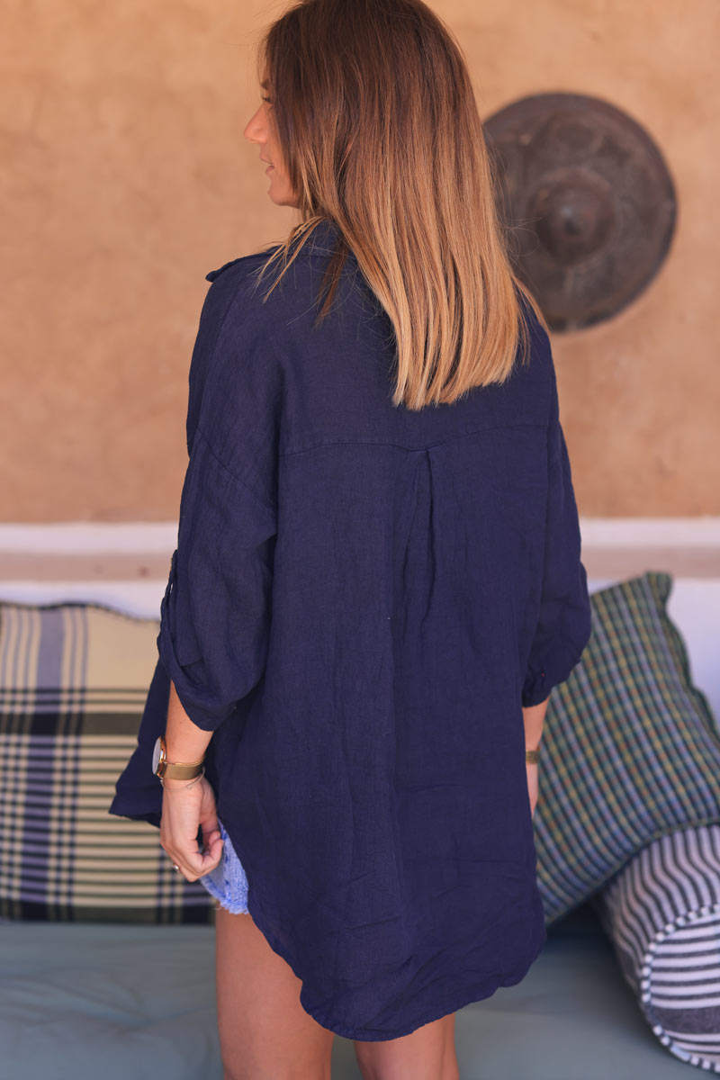Navy blue 3/4 length sleeve longline linen shirt
