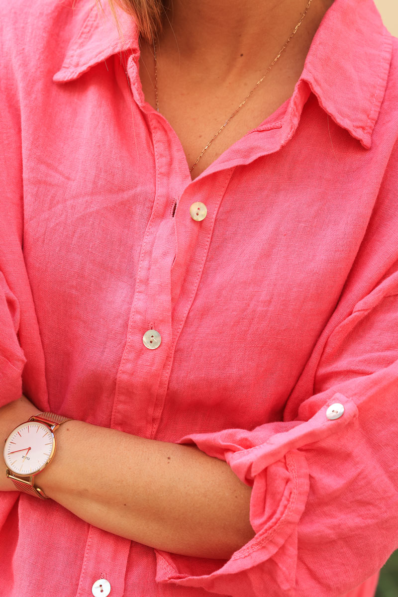Camisa de lino suave fucsia con botones nacarados