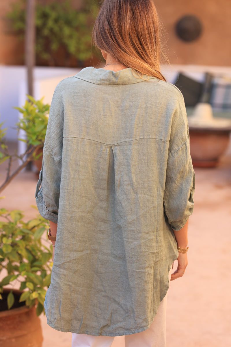 Khaki 3/4 length sleeve longline linen shirt