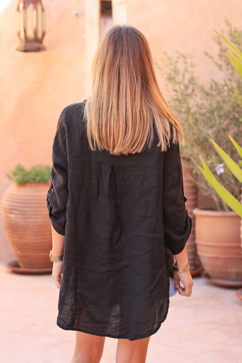 Black 3/4 length sleeve longline linen shirt
