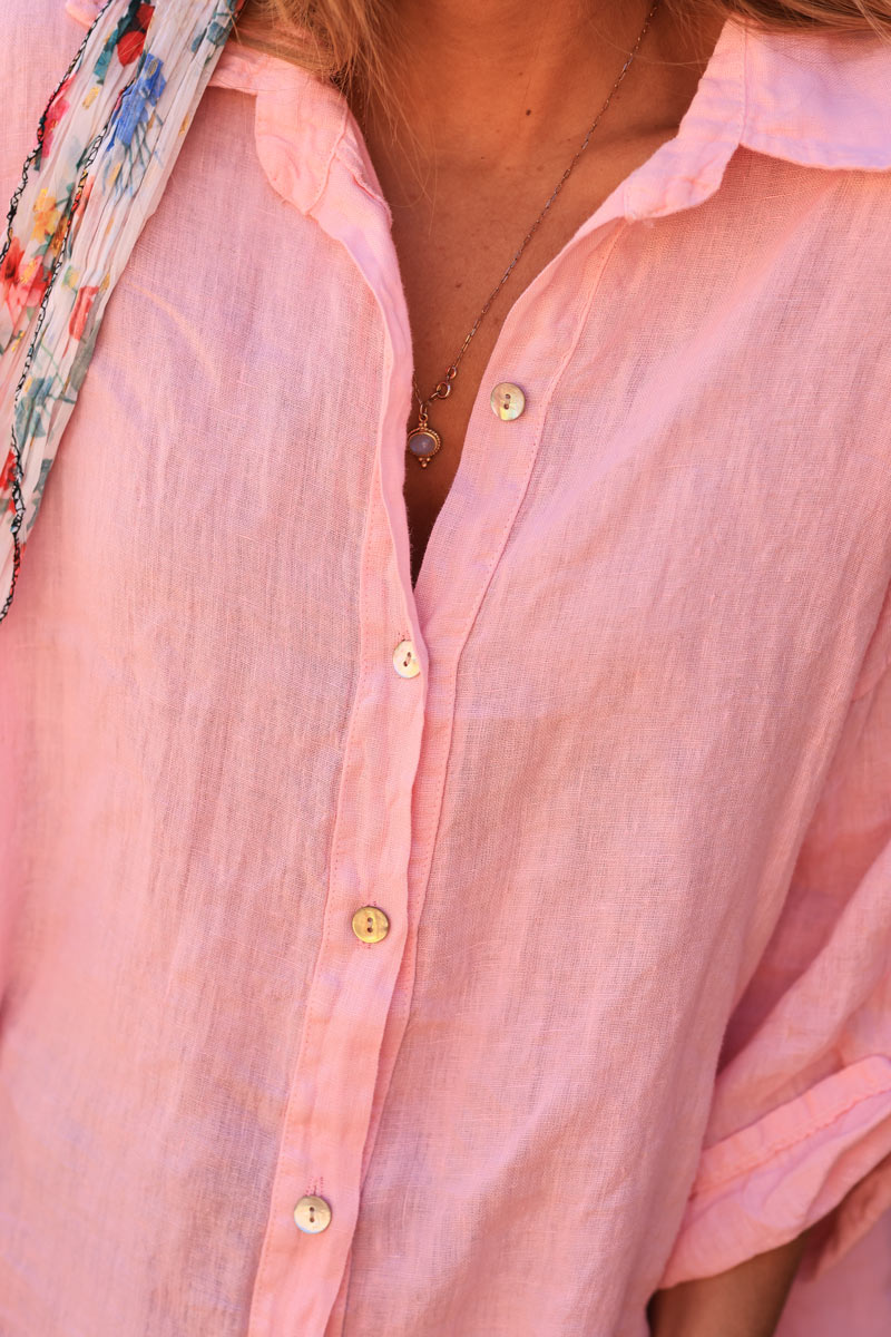 Pink 3/4 length sleeve longline linen shirt