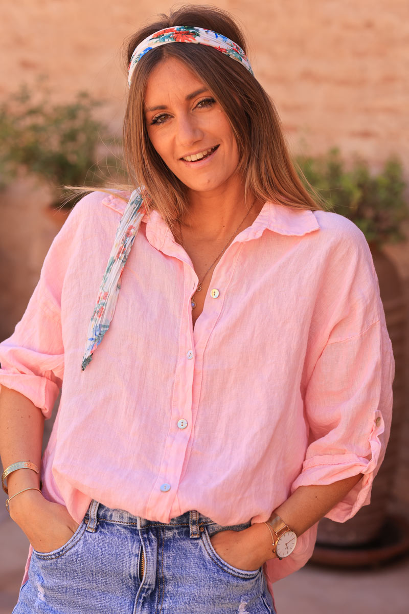 Pink 3/4 length sleeve longline linen shirt