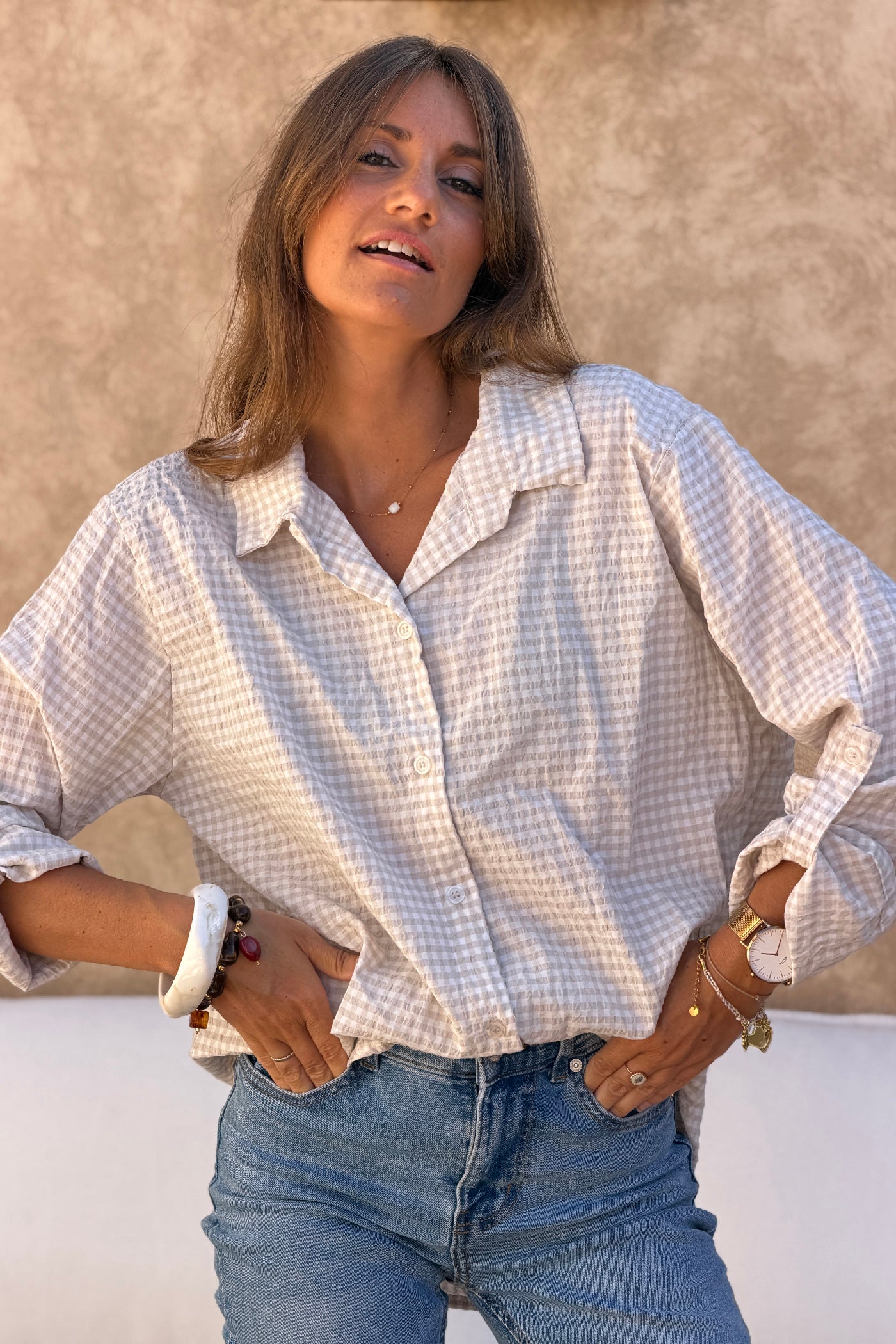 Beige Gingham Crinkle Gauze Blouse