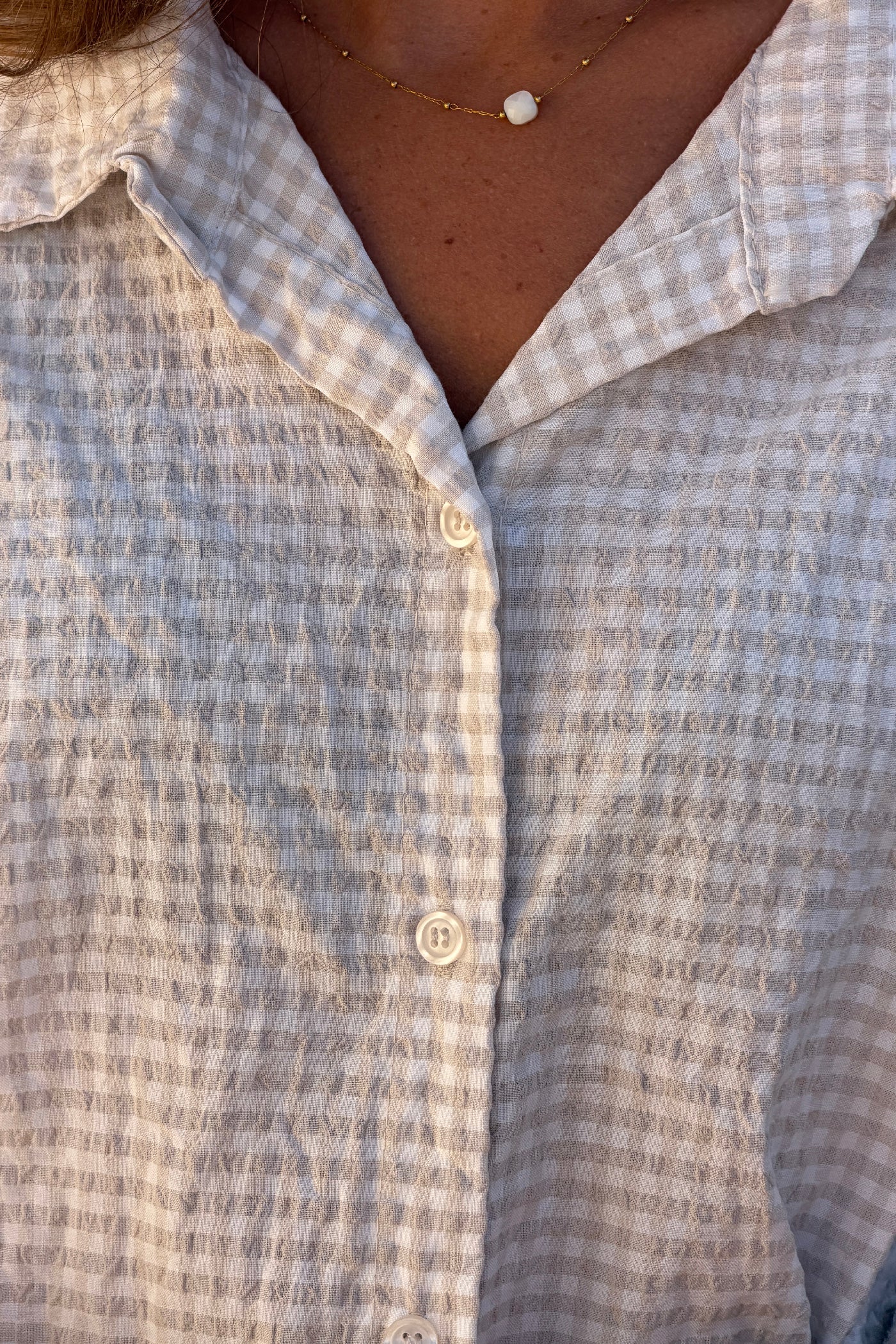 Beige Gingham Crinkle Gauze Blouse