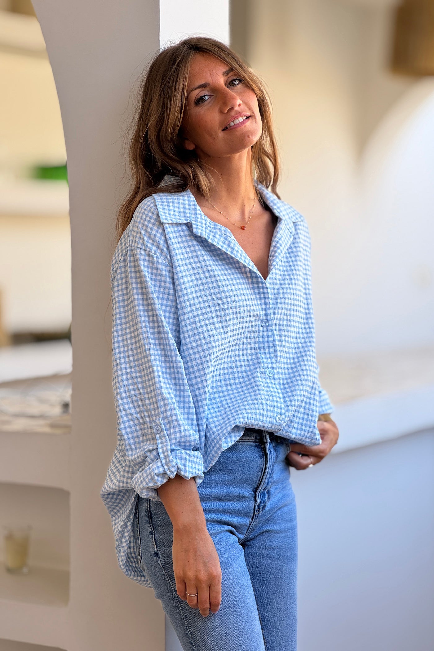 Powder Blue Gingham Crinkle Gauze Blouse