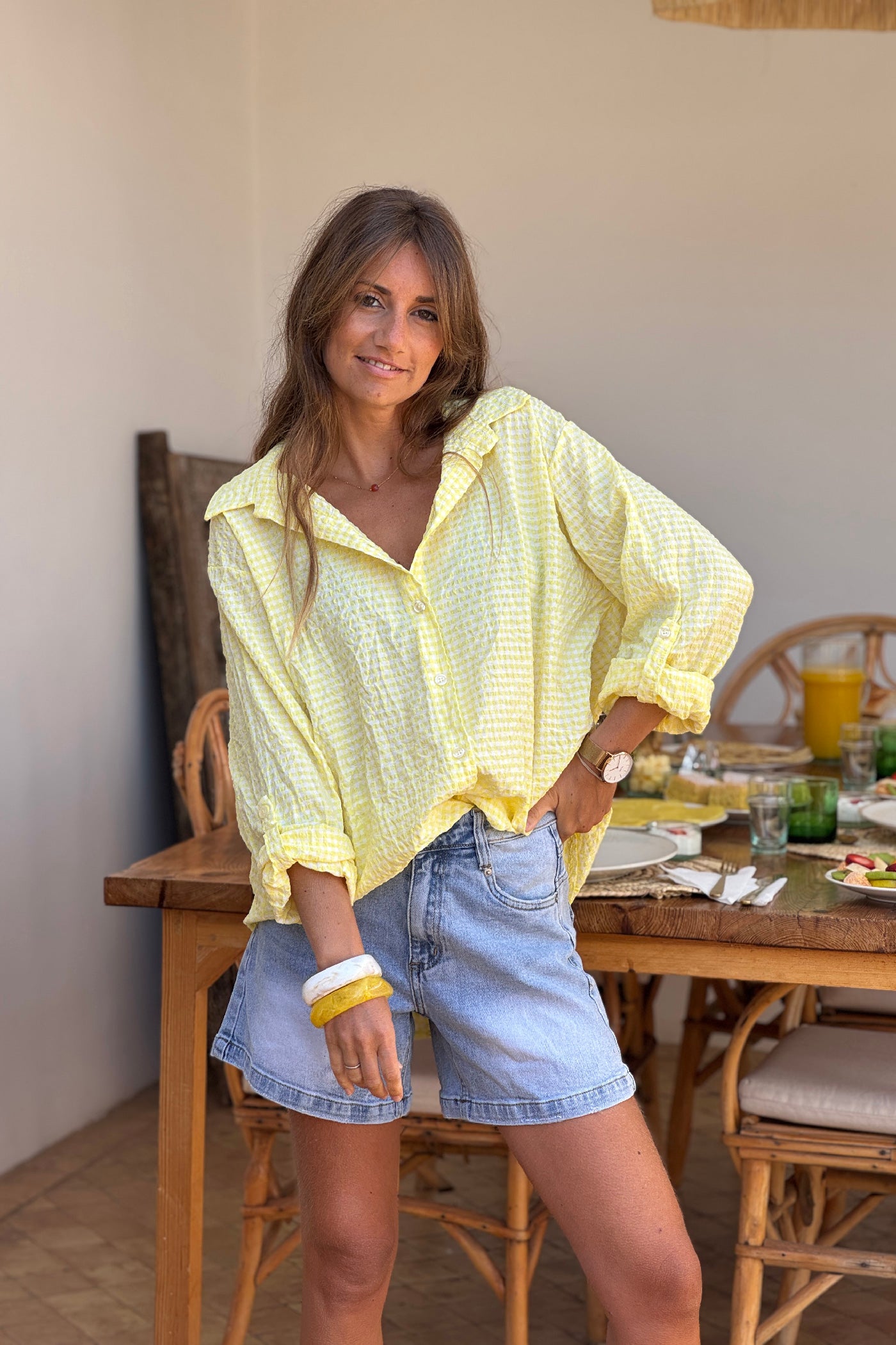 Butter Yellow Gingham Crinkle Gauze Blouse