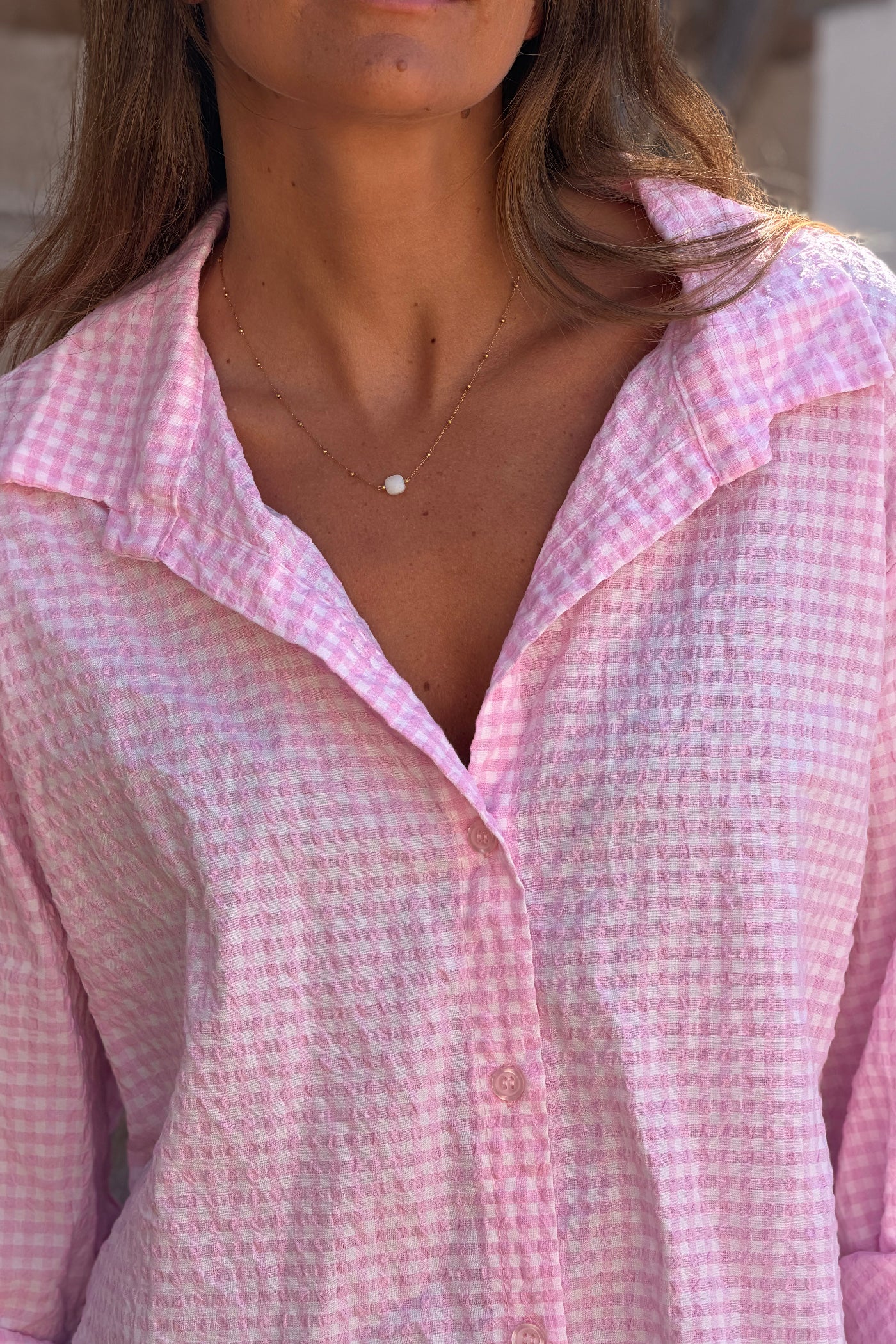 Chemise en seersucker large et stretch carreaux vichy rose