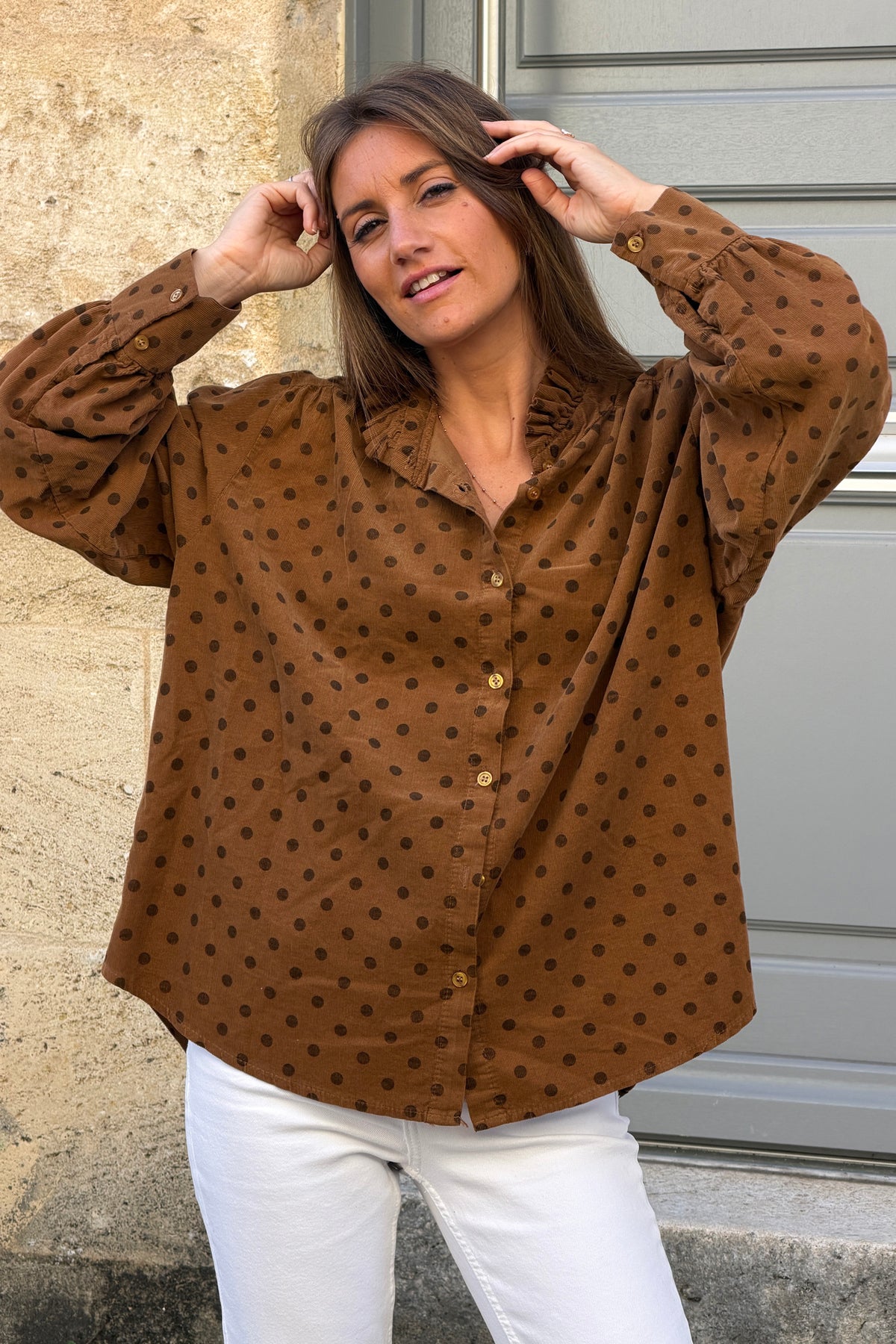 Camel Ruffled Collar Polka Dot Button-Down Blouse