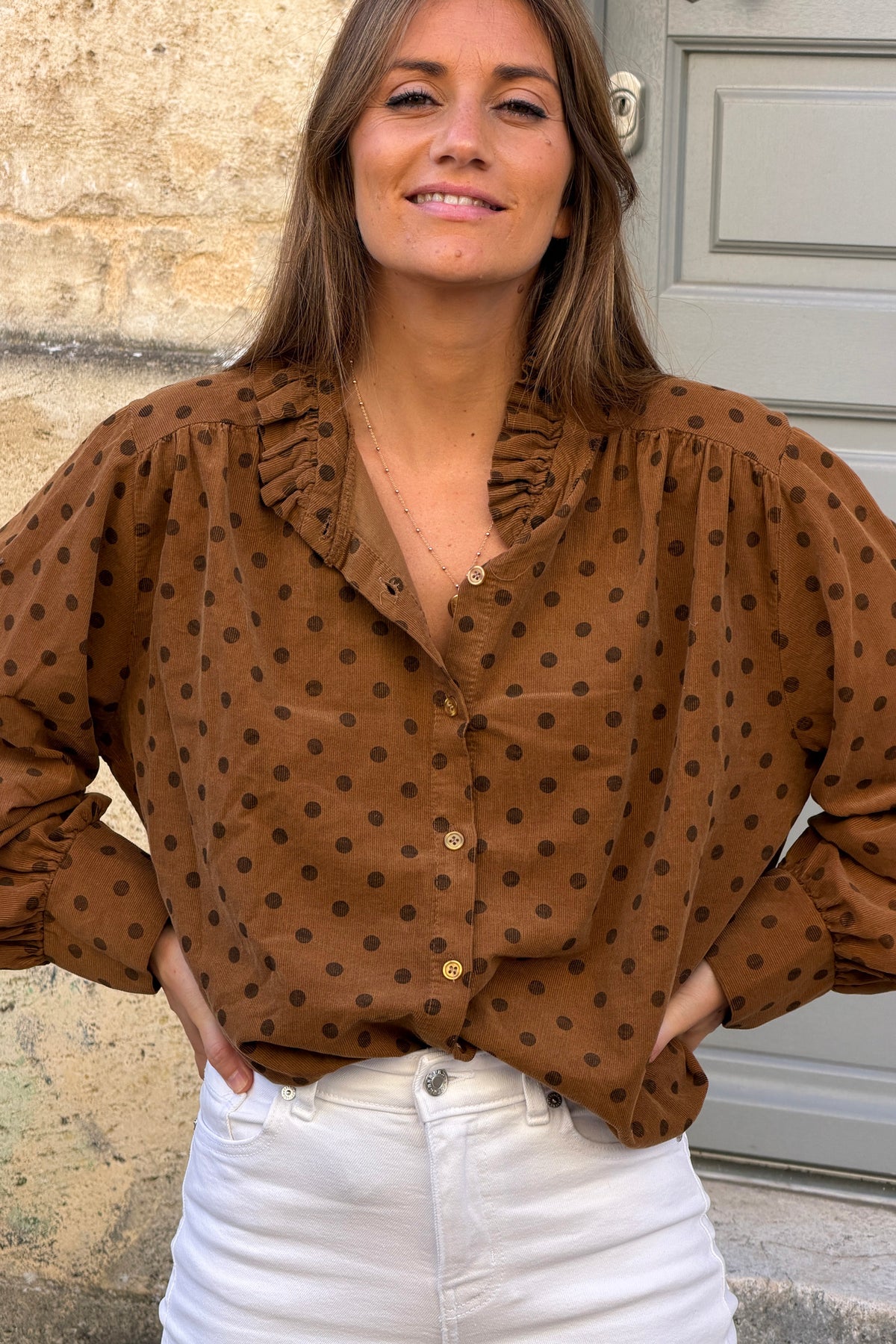 Camel Ruffled Collar Polka Dot Button-Down Blouse