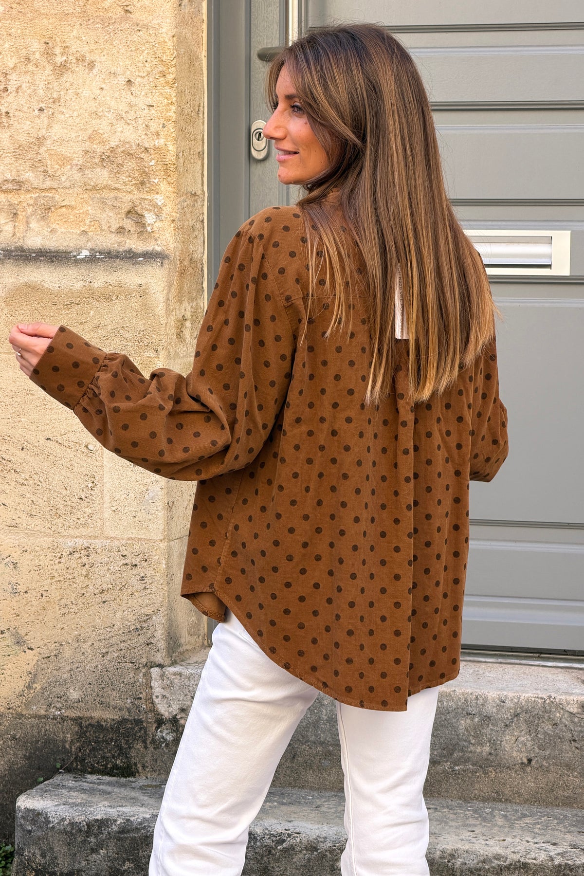 Camel Ruffled Collar Polka Dot Button-Down Blouse